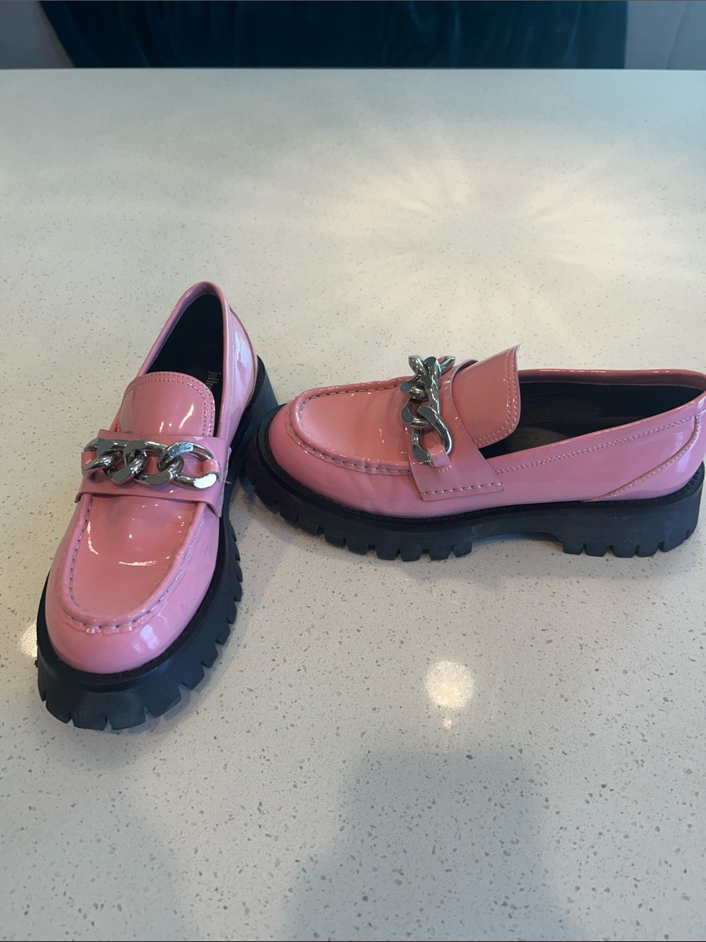 Jeffrey Campbell Pink Patent Chain-Embellished Lug Sole Loafers